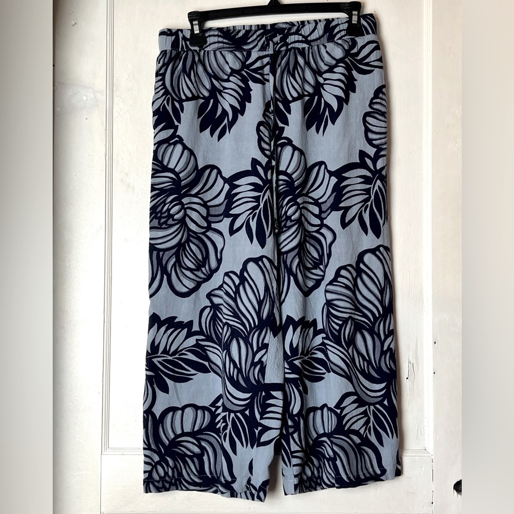 SUSAN GRAVER LINEN BLEND CROP TIE WAIST PANTS XS BLUE TROPICAL PRINT